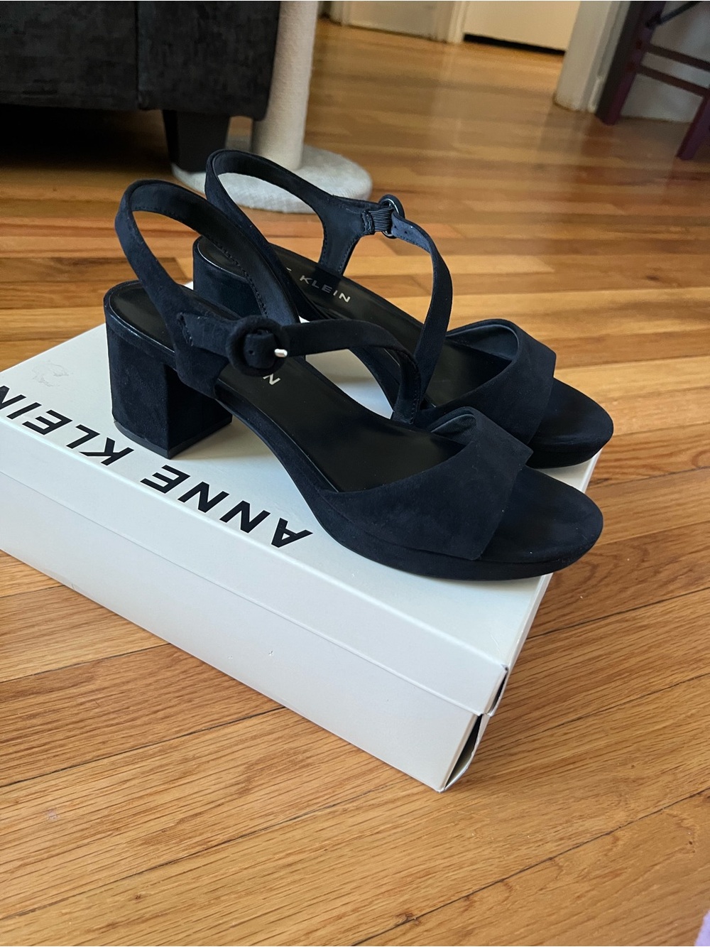 Anne Klein Black Suede Slingback Block Heels
